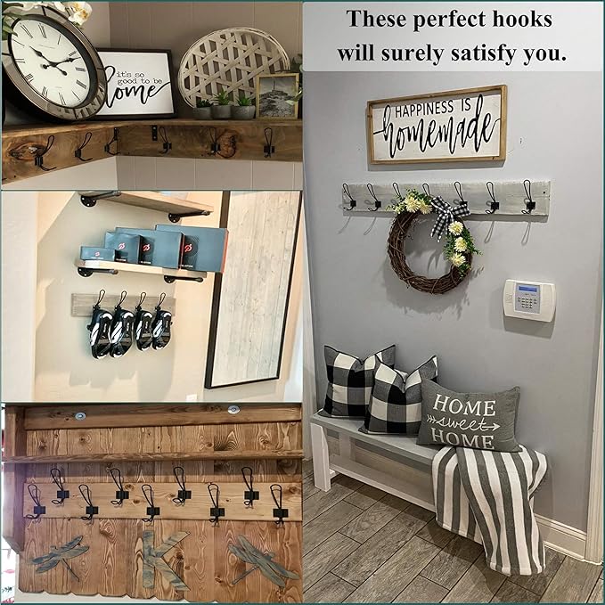 Rustic Entryway Hooks-6 Pack Farmhouse Hooks with Metal Screws Included, Black Decorative Wall Mounted Rustic Coat Hooks Rack, Double Vintage Organizer Hanging Wire Hook Clothes Hanger