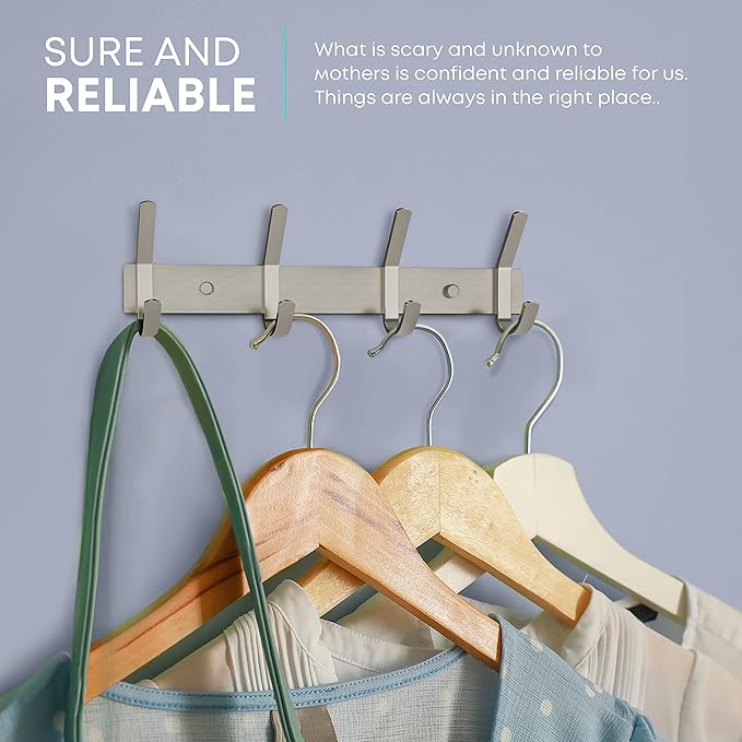Brushed Nickel Coat Rack Wall Mount with 4 Double Hooks for Hanging – 12 Inch Heavy Duty SUS304 Stainless Steel Rustic Coat Hooks – Clothes, Purse, Towel Wall Hooks – 2 Pack