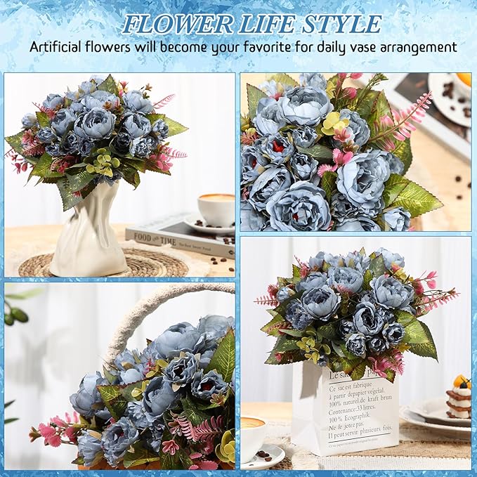 Geosar 8 Bundles Artificial Peonies Flowers Fake Silk Peony Bouquet Faux Peonies Flowers Bulk for Decoration Vase Floral Arrangements Wedding Party Table (Blue)