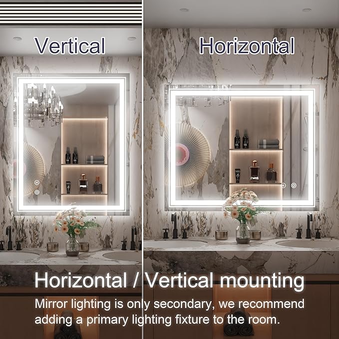 40 x 32 Inch LED Mirror for Bathroom, Wall Mounted Lighted Bathroom Vanity Mirrors, Stepless Dimmable, Memory Funtion, Anti-Fog, 6000K, Shatter-Proof, Horizontal or Vertical