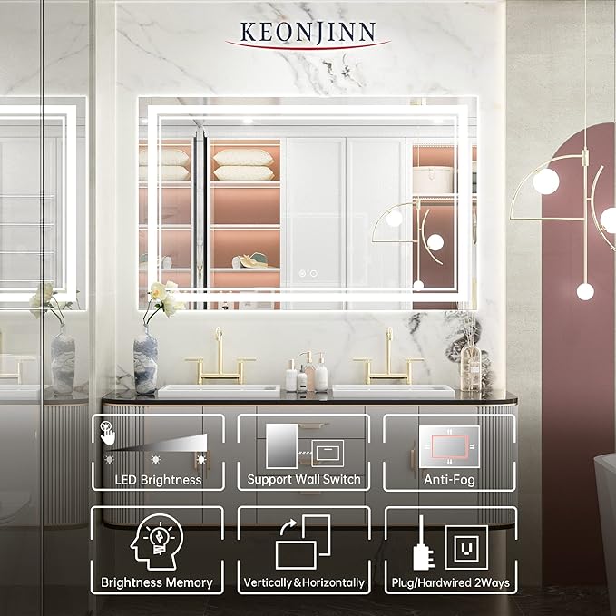 Keonjinn 48 x 30 Bathroom LED Mirror, Front Lighted Bathroom Vanity Mirror, Shatter-Proof Tempered Glass, UL-Listed LED Driver, Fog Free, Dimmale 6000K, Easy to Install(Horizontal/Vertical)