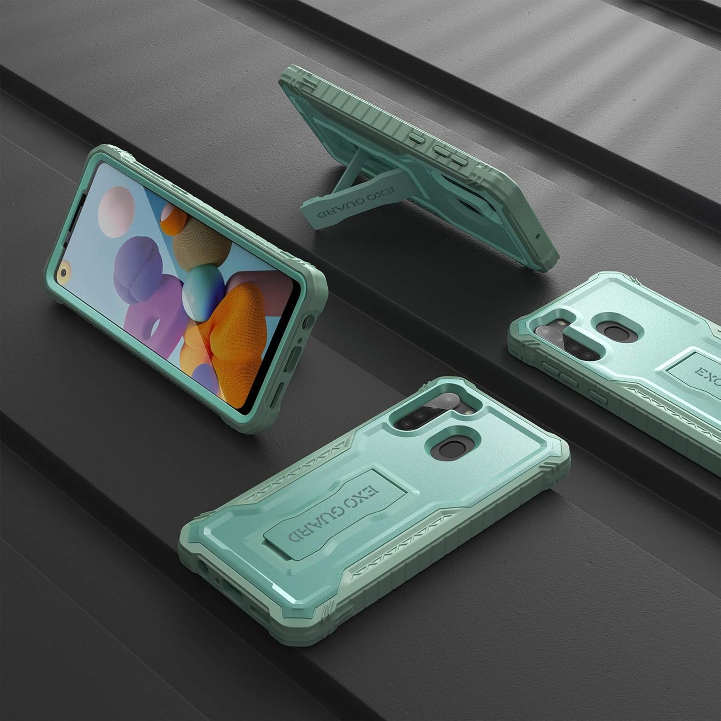 ExoGuard Rubber Shockproof Full-Body Case for Samsung Galaxy A21, Green with Built-in Screen Protector & Kickstand