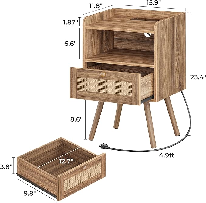 SUPERJARE Nightstands Set of 2, Night Stands with Charging Station & PE Rattan Decor Drawer, Bed Side Tables with Solid Wood Feet, End Table, for Bedroom, Living Room, Walnut