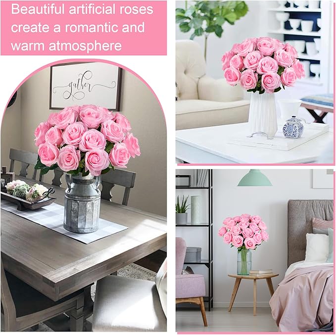 Ouddy Decor 50 Pcs Artificial Pink Roses Bulk Realistic Silk Roses with Long Stems Fake Roses Flowers for Wedding Bridal Bouquet DIY Table Centerpieces Arrangement Valentines Day Home Decor, Pink