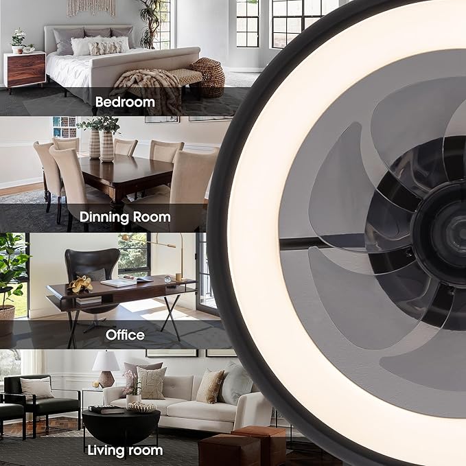 Ceiling Fan with Lights, 15" Flush Mount, Black Low Profile with 6 Wind Speeds, Smart Dimmable LED for Bedroom, Living Room