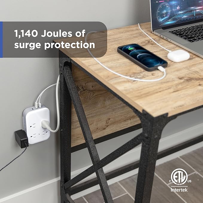 GE All-in-One Surge Protector Wall Tap, 8 Outlets (4 Grounded + 4 Polarized), 2 USB-C & 1 USB-A, 15W Shared, 1140J, Circuit Breaker, ETL Certified, White/Gray, 85633