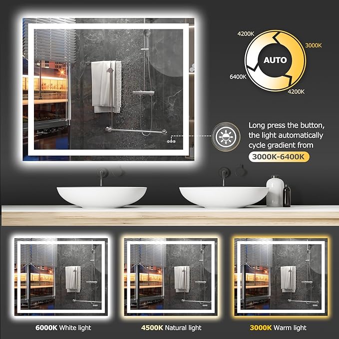 48X40 LED Bathroom Mirror with Lights, Anti-Fog, Dimmable, Backlit + Front Lit, Smart Bathroom Vanity Mirror, Memory Function, Shatterproof, Tempered Glass (Horizontal/Vertical)