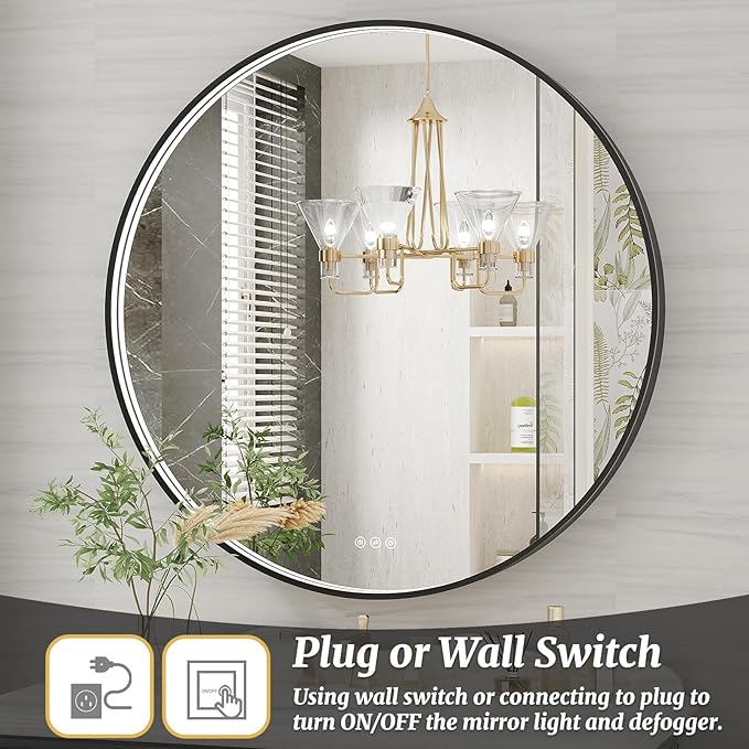36 Inch Round LED Bathroom Mirror, Black Metal Framed Lighted Mirror for Bathroom, Wall Mouted LED Vanity Mirror with Lights, 3 Colors and Stepless Dimmable, Anti-Fog, Memory