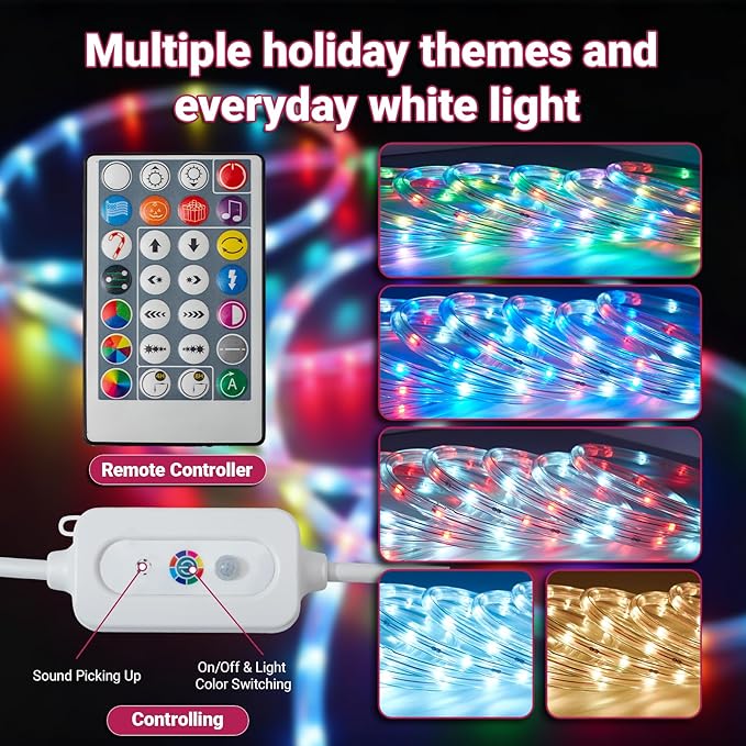 16.4ft Outdoor Smart Rope Lights, Waterproof Color Changing Christmas Lights with Remote, Connectable Design, Music Sync, Timer, Multiple Modes for Halloween, Party, Patio, Garden