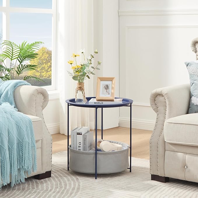 VECELO Round Side/End Table with Fabric Storage Basket，Metal Anti-Rust and Waterproof Small Bedside Nightstand with Removable Tray Top for Living Room，Balcony & Laundry，Blue /1pcs with Basket