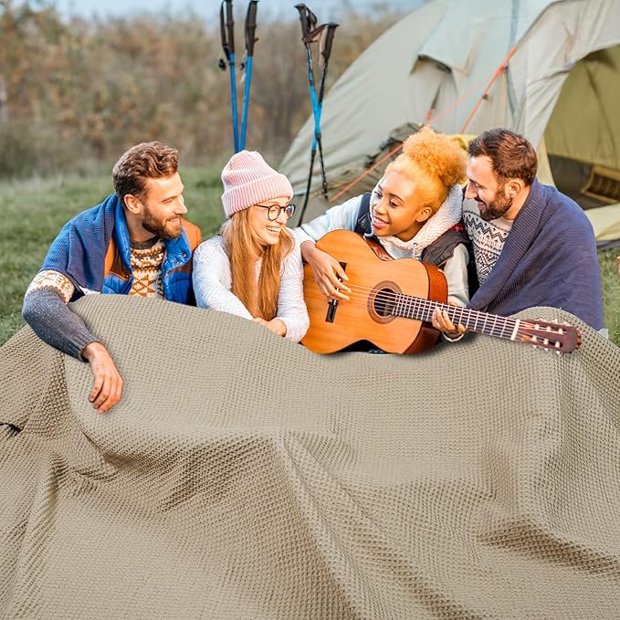 PHF 100% Cotton Waffle Weave Family Blanket,Oversized King Size 120"x 120"-Pre-Washed Snag Proof Lightweight Breathable Moisture-Wicking, 10'x 10' Huge Extra Large Big,Home Decor-Khaki/Simply Taupe