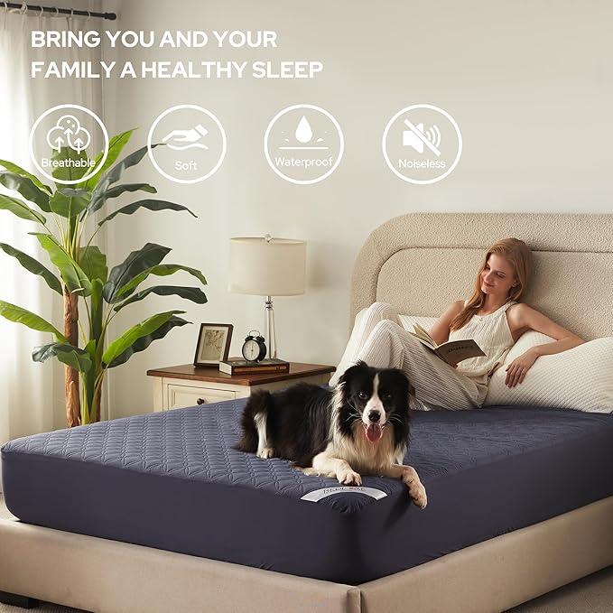 2 Pack Waterproof Mattress Protector, Twin Size Mattress Pad Noiseless with Deep Pocket Fitted for 6"-15", Breathable Dirt-Proof Single Bed Mattress Cover for Bedroom, Dorm Room (Navy Blue)