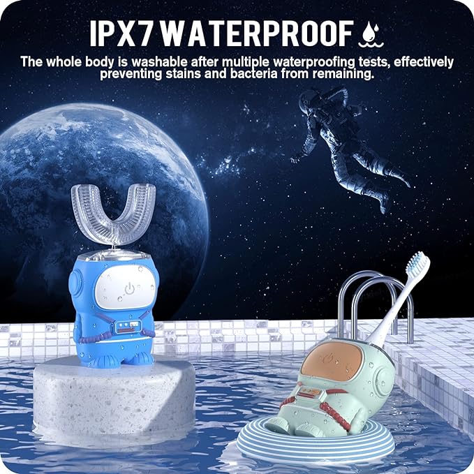 Ultrasonic Kid's U-Shaped Electric Toothbrush, IPX7 Waterproof, Five Cleaning Modes, 60S Smart Reminder (Cartoon Astronaut,Blue Ages 2-6)