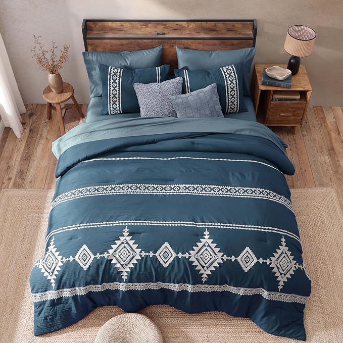 MaiRêve Embroidery Queen Size Comforter Set Navy Blue, Boho Farmhouse Western Bedding Set 7 Pieces, All Season Bed in A Bag Comforter Set with Sheets, Pillowcases & Shams