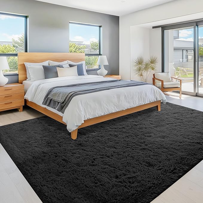 8x10 Area Rug for Living Room: Fluffy Shag Soft Washable Rugs Large Fuzzy Plush Indoor Carpet for Bedroom Nursery Playroom Kids Girls Boys Room (Black, 8'x10')