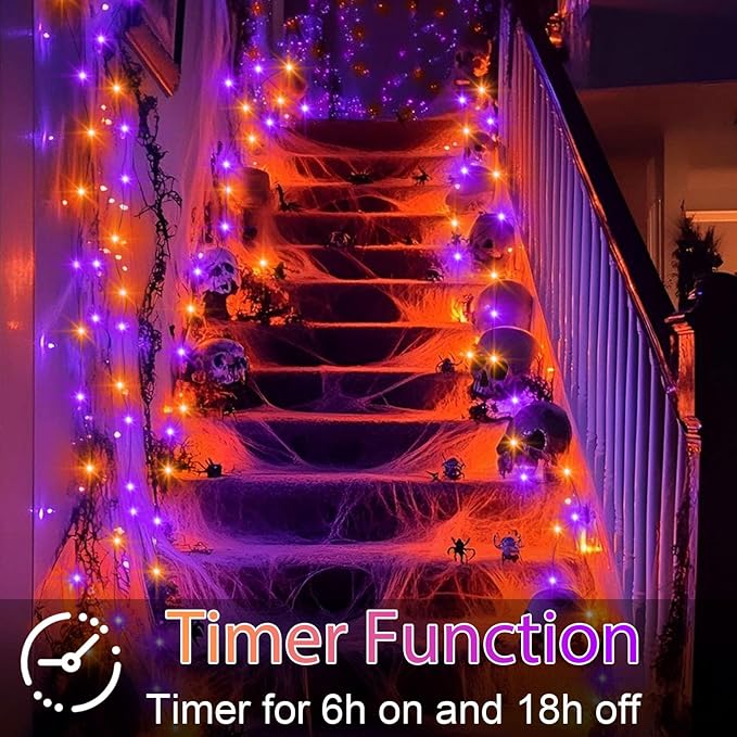 Purple Orange Halloween Timer Fairy Lights Battery Operated 4 Pack 16.4Ft 50 LED Black Wire Twinkle Lights with Timer 5 Modes for Halloween Indoor Outdoor Party Decoration