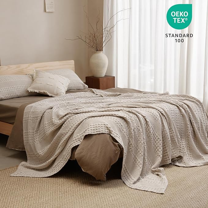 PHF 100% Cotton Waffle Weave Blanket Twin Size for Bed, Soft Lightweight & Breathable, All-Season Comfort, Luxury Aesthetic Woven Bedding for Home Decor, 66"x90", Oatmeal
