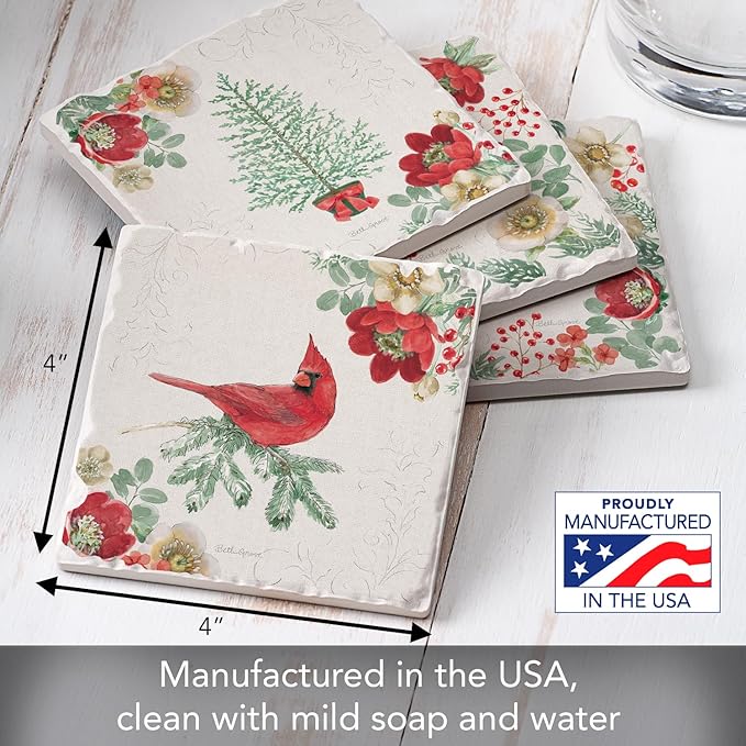 Thirstystone Holiday Traditions 4 Pack Assorted Tumbled Tile Stone Coasters with Protective Cork Backing 4" Square Manufactured in The USA