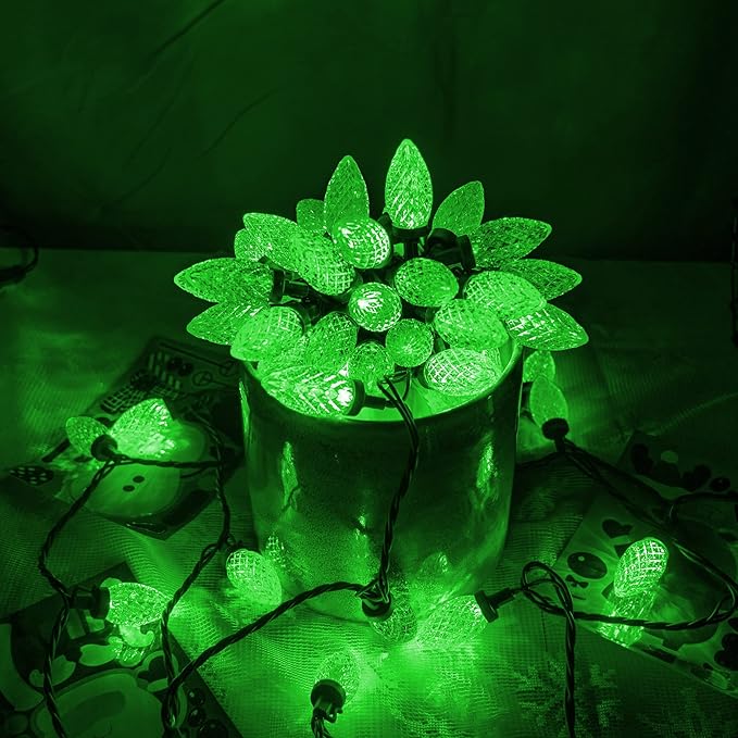 Dazzle Bright C9 Christmas String Lights, Waterproof Connectable Green Wire Fairy Lights, Christmas Lights for Indoor Outdoor Home Yard Xmas Tree House Decorations (Green, 50 LED)