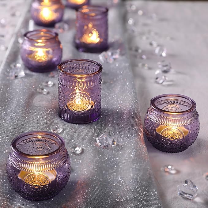 12pcs Assorted Purple Votive Candle Holders for Party Decorations, Lavender TeaLight Candle Holder for Bridal Shower, Baby Shower Decrations, Boho Tea Party Purple Decor, Purple Gifts for Women