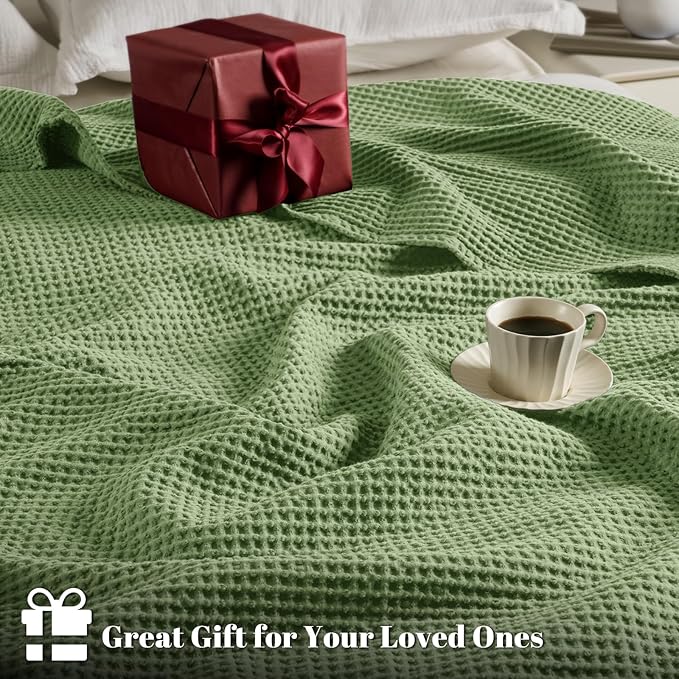 PHF 100% Cotton Waffle Weave Blanket King Size for Bed,Snag Proof Lightweight Breathable Moisture-Wicking Throw for Couch,Great for Layering in Cold Weather,Machine Washable,Home Decor-Loden Green