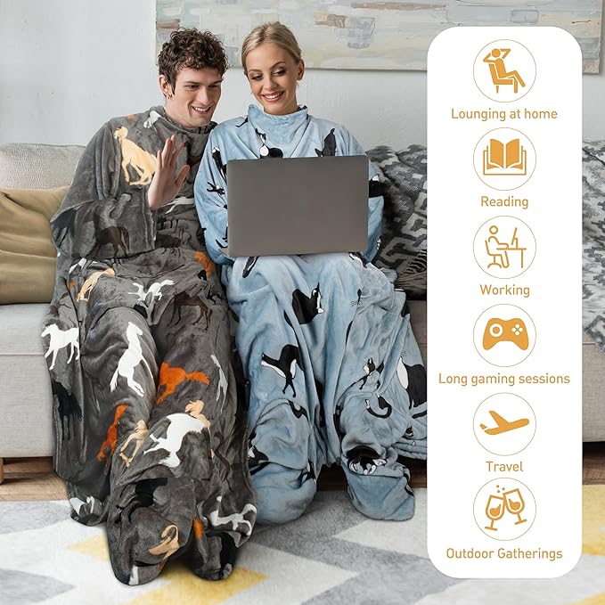 Catalonia Wearable Fleece Blanket with Sleeves and Foot Pockets for Adult Women Men, Micro Plush Comfy Wrap Sleeved Throw Blanket Robe Large, Taupe Horse