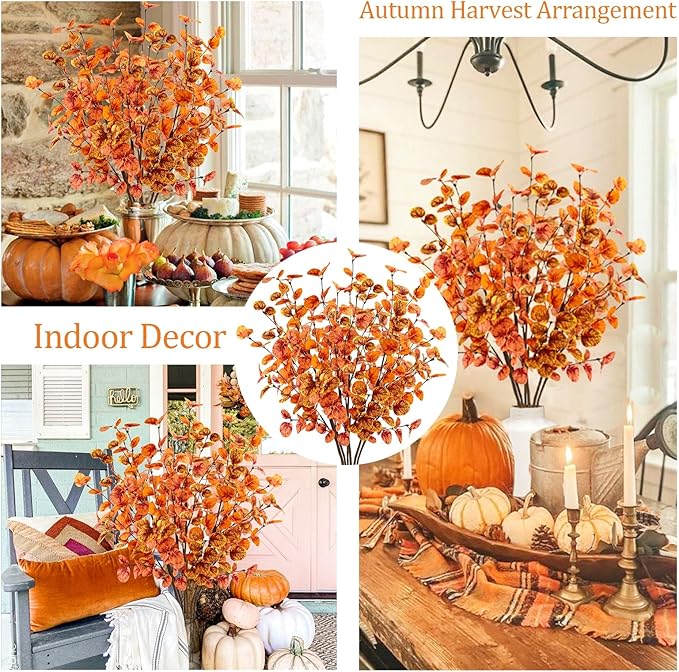 12pcs Artificial Eucalyptus Leaves Stems 30" Faux Fall Leaf Spray Plants Branches Autumn Decorations for Home Floral Arrangements Farmhouse Table Centerpiece Thanksgiving Decor