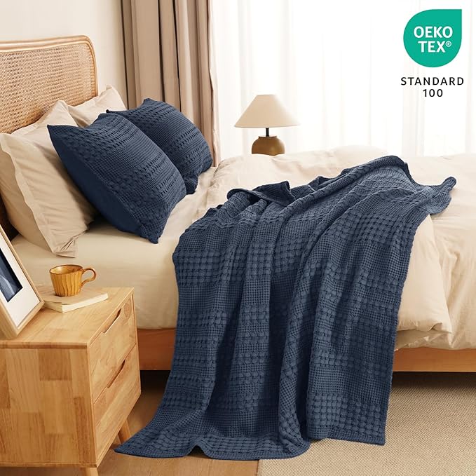PHF 100% Cotton Waffle Weave Throw Blanket, Soft Lightweight Breathable Cozy Throws for Couch Bed Sofa, Luxury Aesthetic Woven Blanket for Home Decor & Office, 50"x60", Indigo