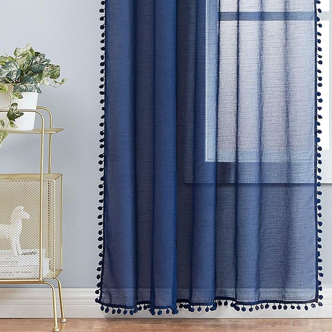 Treatmentex Pom-Pom Navy-Blue Sheer Curtains for Bedroom Windows 84inches Long Linen Textured Look Sheer Drapes for Living Room 52" w x 2Pack