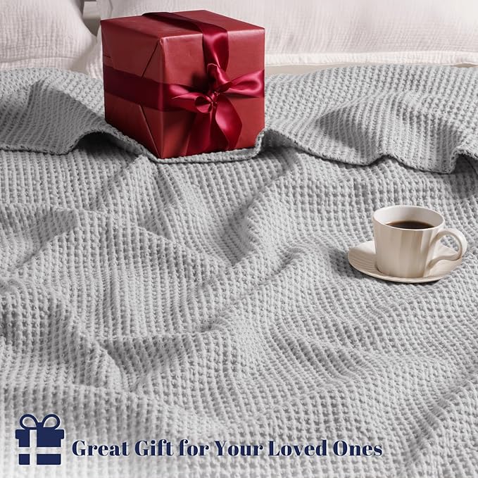 PHF 100% Cotton Waffle Weave Blanket Queen Size for Bed,Snag Proof Lightweight Breathable Moisture-Wicking Throw for Couch,Great for Layering in Cold Weather,Home Decor Gift-Light Grey