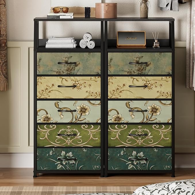 Furnulem Retro 5 Drawers Dresser, Tall Dressers for Bedroom, Closet, Hallway, Nursery, Fabric Storage Tower Organizer, Vertical Nightstand Side Table Furniture, Steel Frame, Wood Top