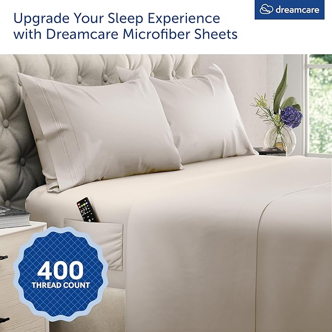 DREAMCARE Queen Size Sheets - Cooling Bed Sheets - 4pcs Set - up to 15" Deep Pocket Queen Sheet Set - Sheets Queen Size Bed - Soft & Long Lasting 100% Fine Microfiber with Side Pocket - Beige