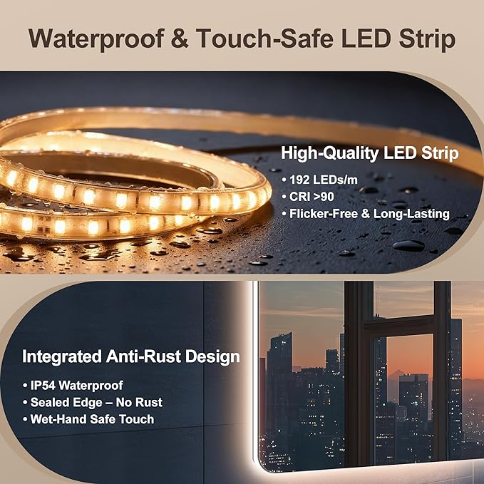 48''x30'' Lighted Mirrors for Bathroom Wall Backlit Rectangular Rounded Corners, LED Bathroom Mirror Frameless with Lights Anti Fog, Dimmable, 3 Colors,Tempered Glass, Shatter-Proof