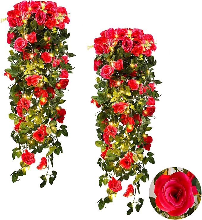 RECUTMS 2pcs Artificial Hanging Plants 32 in Fake Plant Ivy Vine Outdoor UV Resistant Plastic (Rose red)