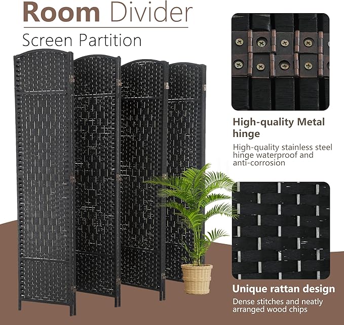 Room Divider 8 Panel Folding Privacy Divider 6 Ft Indoor Wall Divider Portable Partition Wood Screen, Black