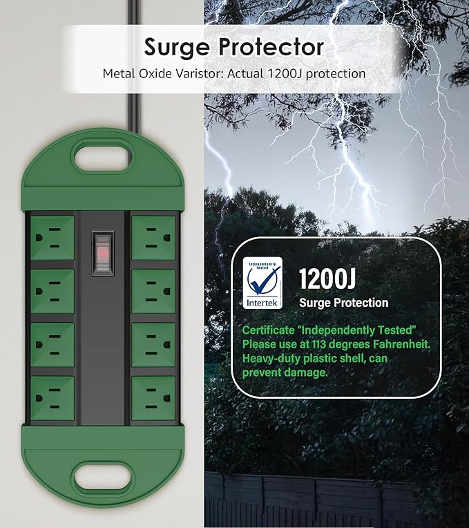 CCCEI Outdoor Power Strip Weatherproof with 8 Plug, Waterproof Extension Cord with Multiple Outlets, Christmas Exterior Garden Yard Surge Protector 25FT, Green.