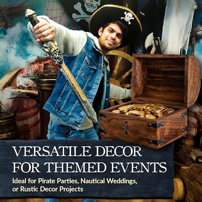 Nautical Cove Handmade Pirate Treasure Chest for Kids Prizes & Classroom with Lock and Skeleton Keys – Lockable Wooden Storage Chest Box, Pirate Decor, Decorative Wooden Box - Small 8x6x6