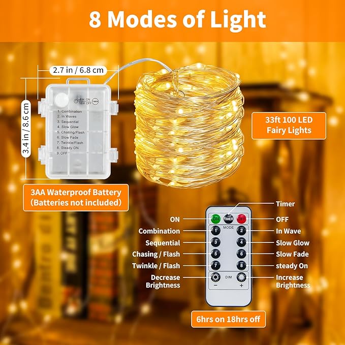 TingMiao Fairy Lights Battery Operated String Lights with Remote Control Timer, 33Ft 100 LED Waterproof 8 Modes Copper Wire Warm White Twinkle String Lights for Christmas (Warm White, 1 Pack)