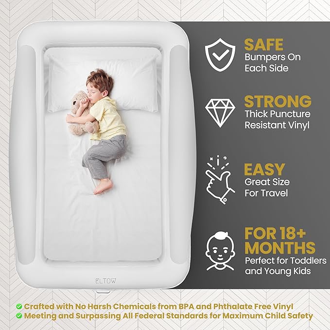 ELTOW Toddler Blow-Up Mattress with Sides, Inflatable Toddler Travel Bed with Safety Bumpers, Portable Kids Air Mattress for Travel, Complete Set with High-Speed Pump & Carry Bag - Black