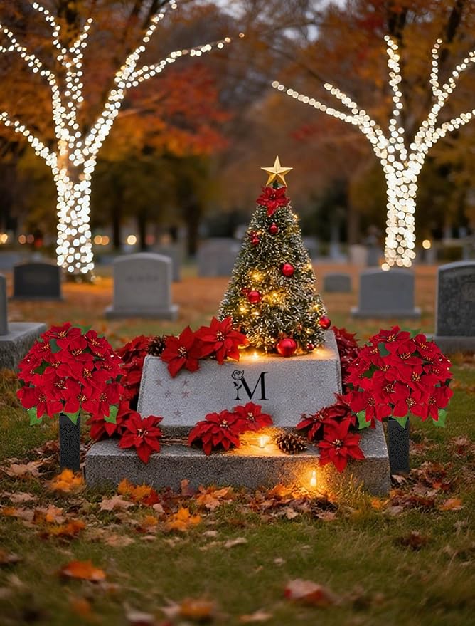 Christmas Cemetery Flowers for Grave: 2 Pcs Artificial 24 Heads Large Red Velvet Poinsettia Bouquets with Vases for Outdoor Grave Decorations