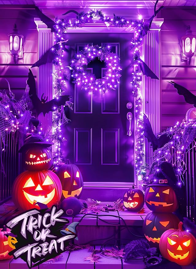 Minetom Halloween Fairy Lights, 33Ft 100 LED Battery Operated Fairy Lights, Waterproof Copper Wire Mason Jar Lights for Home Party Ghost Haunted House Indoor Outdoor Halloween Decorations, Purple