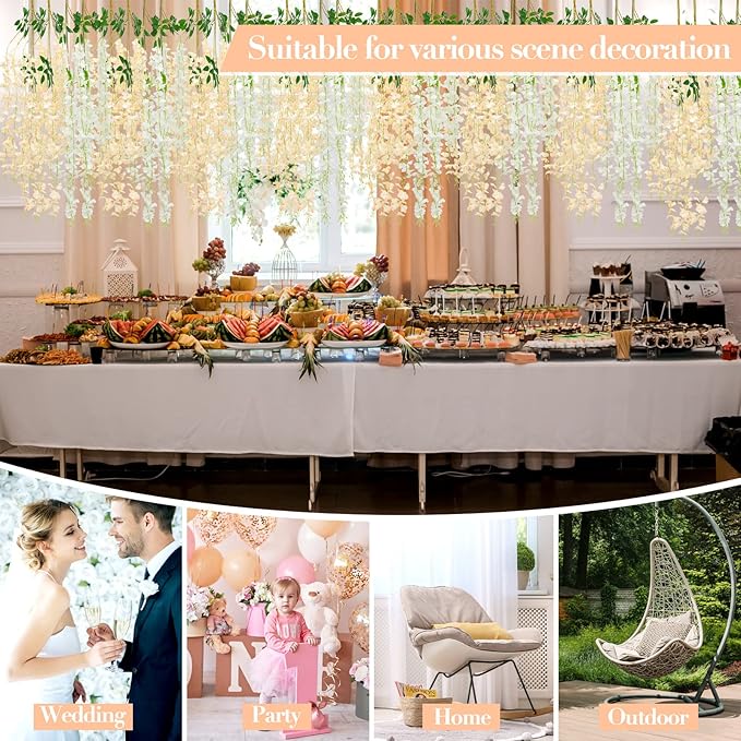Giegxin 24 Pcs Artificial Wisteria Hanging Flowers 3.6 ft Artificial Fake Wisteria Vine Rattan Hanging Garland Silk Flowers String for Wall Home Wedding Party Greenery Decorations (Champagne,White)
