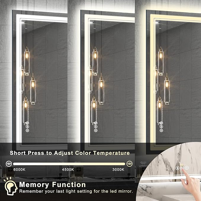 60''x36'' Lighted Mirrors for Bathroom Wall Backlit + Front Lit, Rectangular LED Bathroom Mirror Frameless with Lights Anti Fog, Dimmable, 3 Colors,Tempered Glass, Shatter-Proof (Color 1