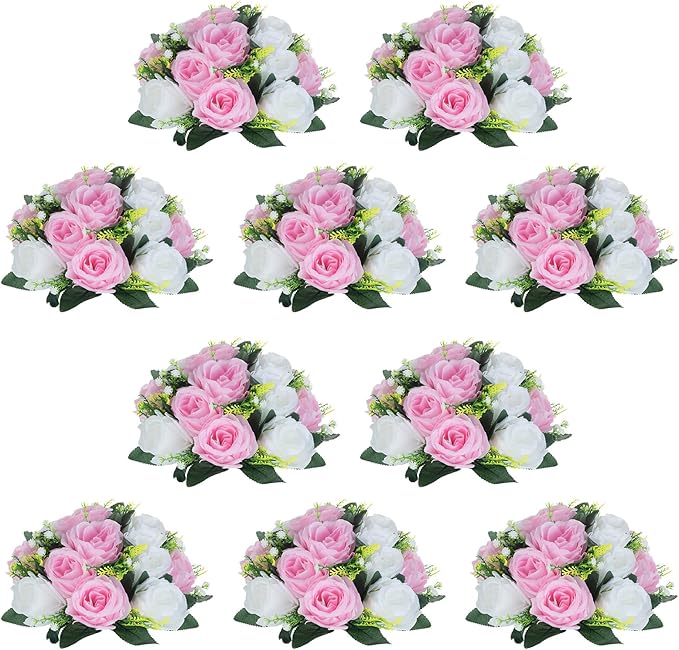 NUPTIO 10 Pieces Pink White Fake Flower Ball Arrangement Bouquet 15 Heads Plastic Roses with Base, Suitable for Wedding Centerpiece Flower Rack for Parties Home Décor