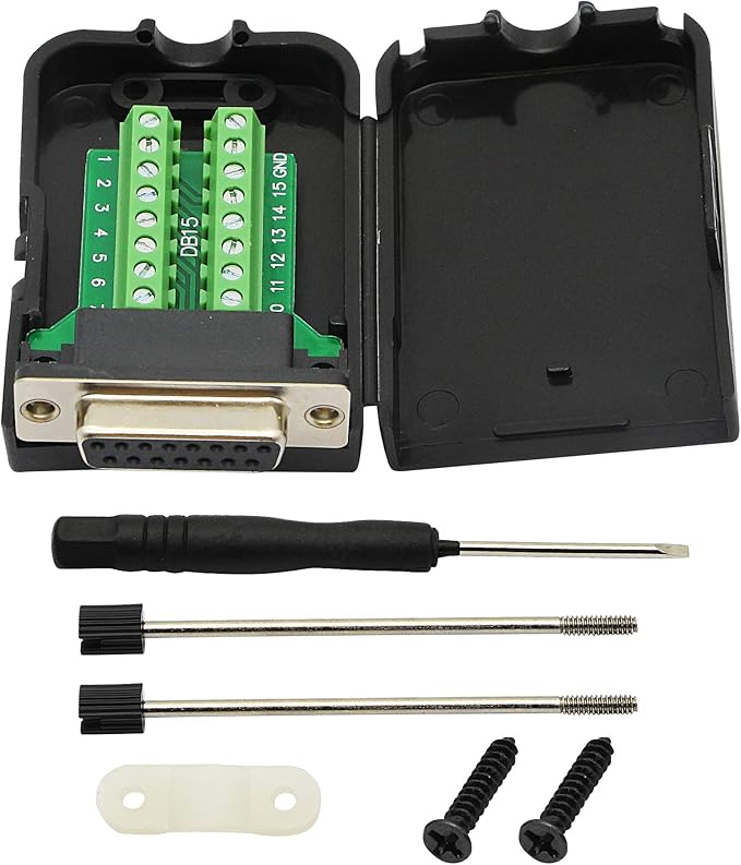 CERRXIAN DB15 Breakout Connector, DB15 D-SUB Female Solderless Serial to Screw Wiring Terminal Signal Module Breakout PCB Board with Plastic Case & Screws Long Bolt (Black) (FB)