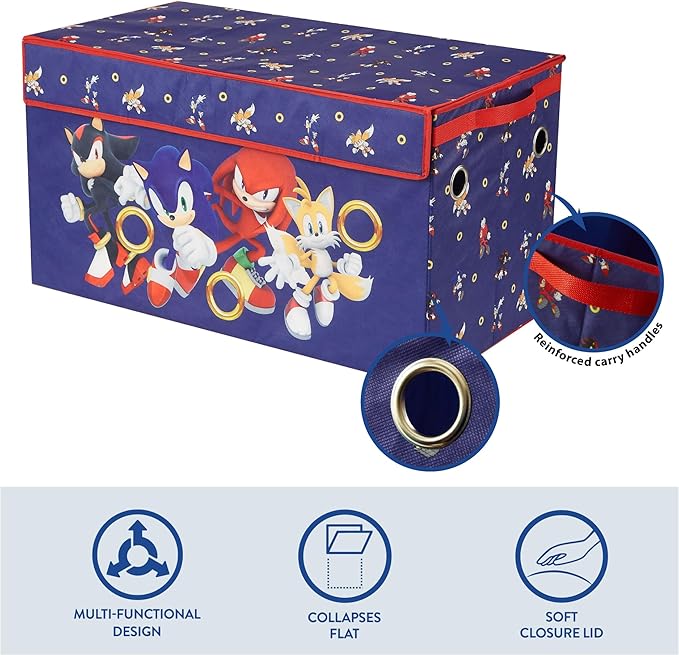 Idea Nuova Sega Sonic the Hedgehog Collapsible Storage Trunk,Durable Toy Chest with Soft Lid, 28.5x14.5x16, Foldable Organizer for Kids’ Bedroom & Playroom