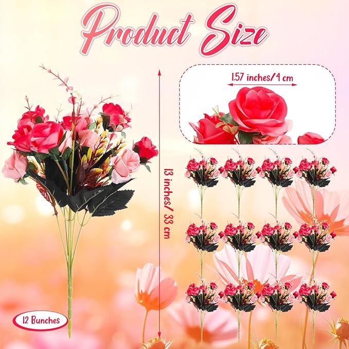 Hotop 12 Bunches of Artificial Flowers Centerpiece 13 Inches Silk Faux Roses Bouquets for Table Decoration Realistic Bouquet Arrangement Boho Faux Flowers for Wedding (Rose Red)