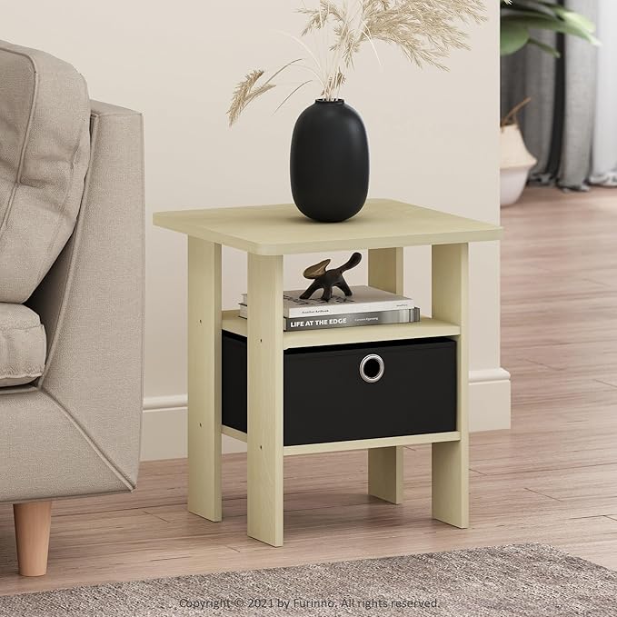 Furinno ANDREY Side Table, End Table, Night Stand with Open Shelves and Storage Bin, Bedside Table, for Living Room, Bedroom, Steam Beech
