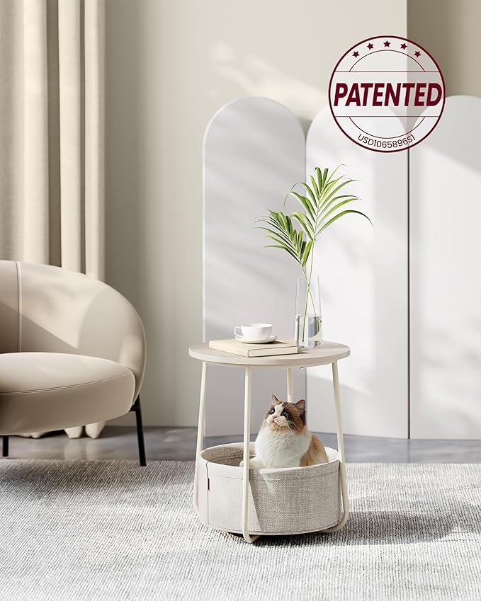 VASAGLE LILEA Collection - Small Round Side End Table, Modern Nightstand with Fabric Basket, Cream White ULET223K67
