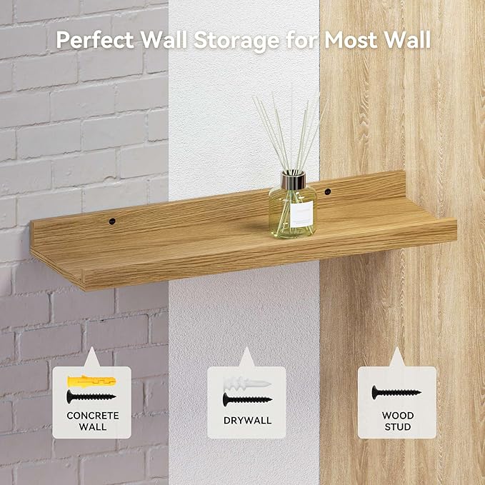 35.3 Inches Long Floating Shelves, 2 Set Rustic Wall Shelf for Bedroom, Nursery Book Shelf with Lip, Picture Ledge Shelf for Wall Decor Living Room Bathroom Kitchen - Oak